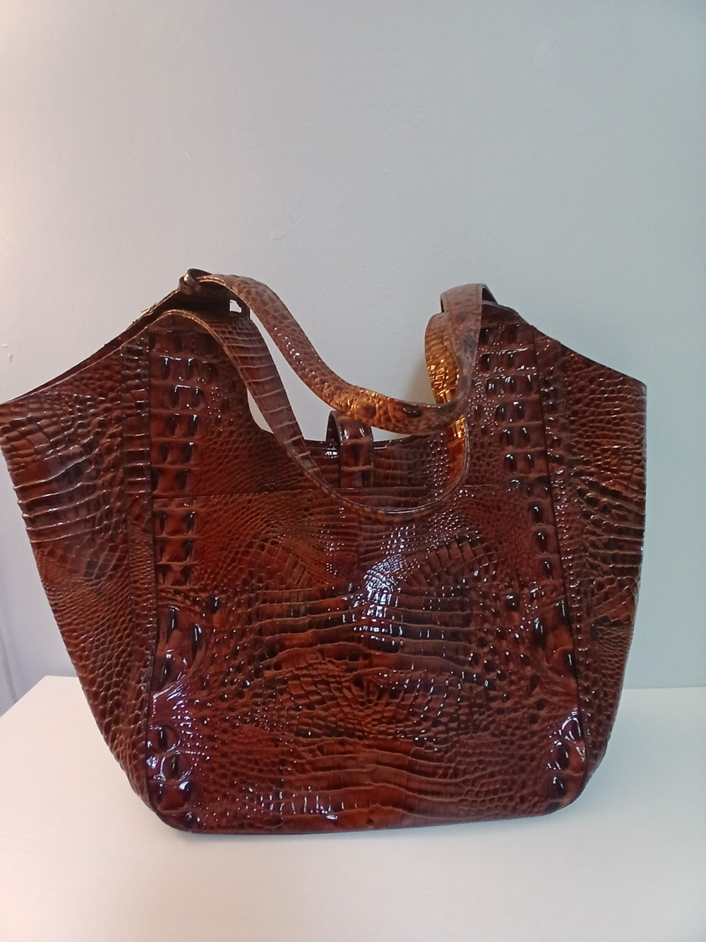 BRAHMIN Leather Large Tote "ASHER" Croc Embossed LEATHER in PECAN BROWN - Picture 6 of 10